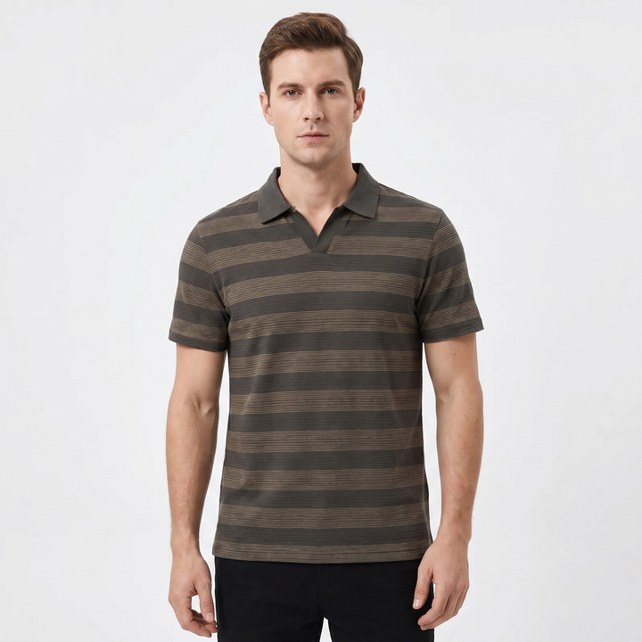 Men's Stripe Polo Shirt Short Sleeve V-Neck Collar Slim Fit Casual Summer