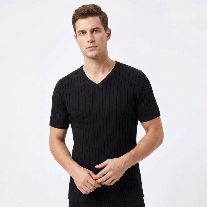 Men's Ribbed Knit V-Neck T-Shirt Short Sleeve Slim Fit Smart Casual Summer