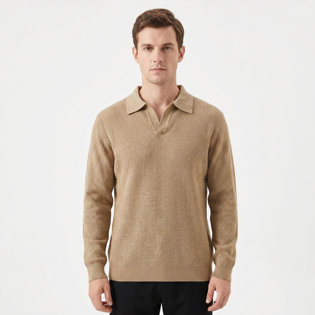 Men's Waffle Knit Long Sleeve Polo Sweater Open Collar Relaxed Fit Casual