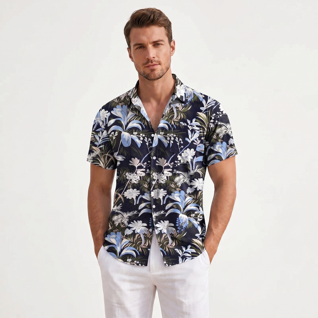 Men's Tropical Floral Print Shirt Short Sleeve Button-Down Slim Fit Summer