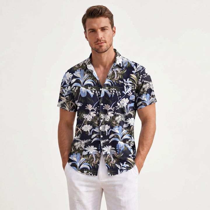 Men's Tropical Floral Print Shirt Short Sleeve Button-Down Slim Fit Summer