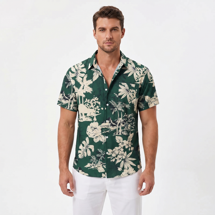 Men's Tropical Floral Print Shirt Short Sleeve Button-Down Slim Fit Summer