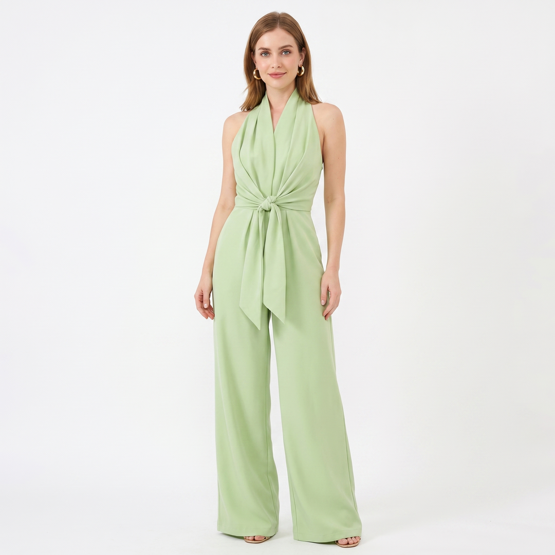 Women's Wide-Leg Halter Jumpsuit Tie-Waist Elegant Evening One-Piece
