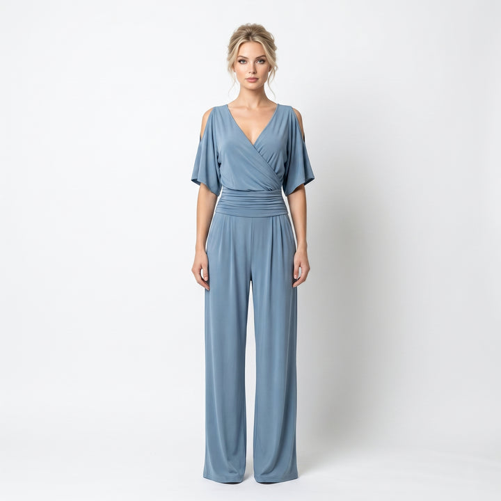 Women's V-Neck Wide-Leg Jumpsuit Ruched Waist Batwing Sleeve Elegant One-Piece