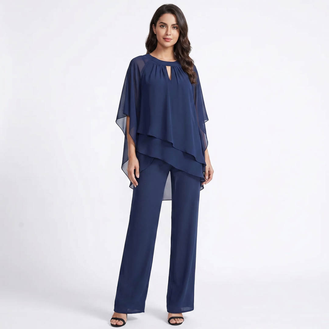 Women's Chiffon Layered Top and Wide-Leg Trousers Set Elegant Evening Two-Piece