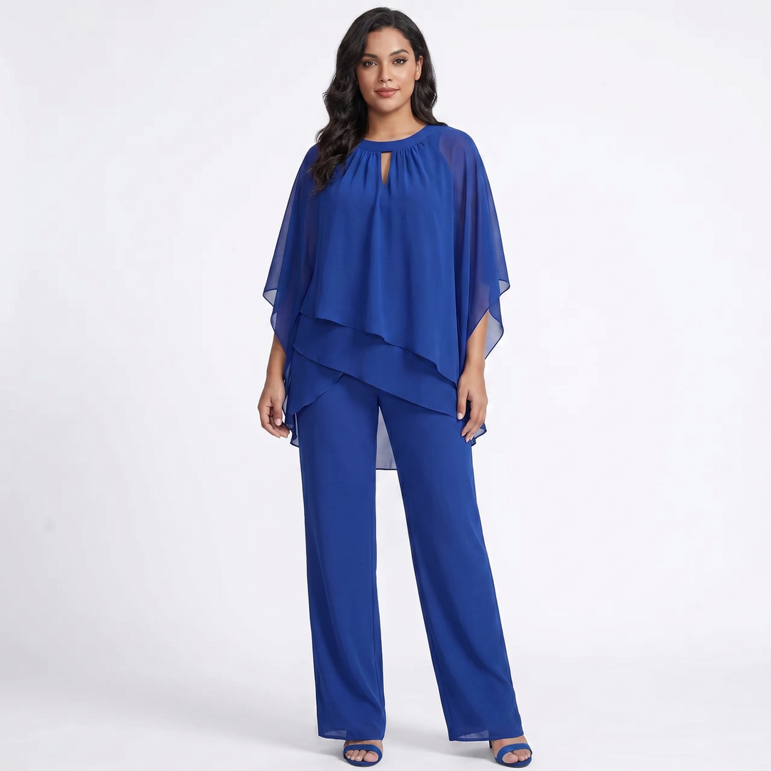 Women's Chiffon Layered Top and Wide-Leg Trousers Set Elegant Evening Two-Piece