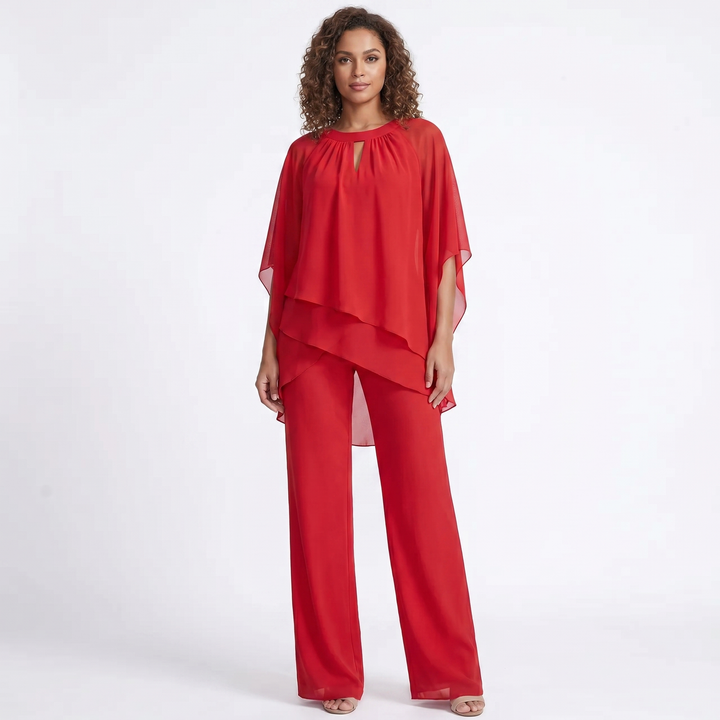 Women's Chiffon Layered Top and Wide-Leg Trousers Set Elegant Evening Two-Piece