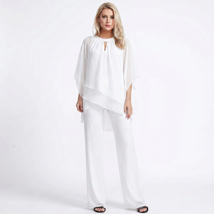 Women's Chiffon Layered Top and Wide-Leg Trousers Set Elegant Evening Two-Piece