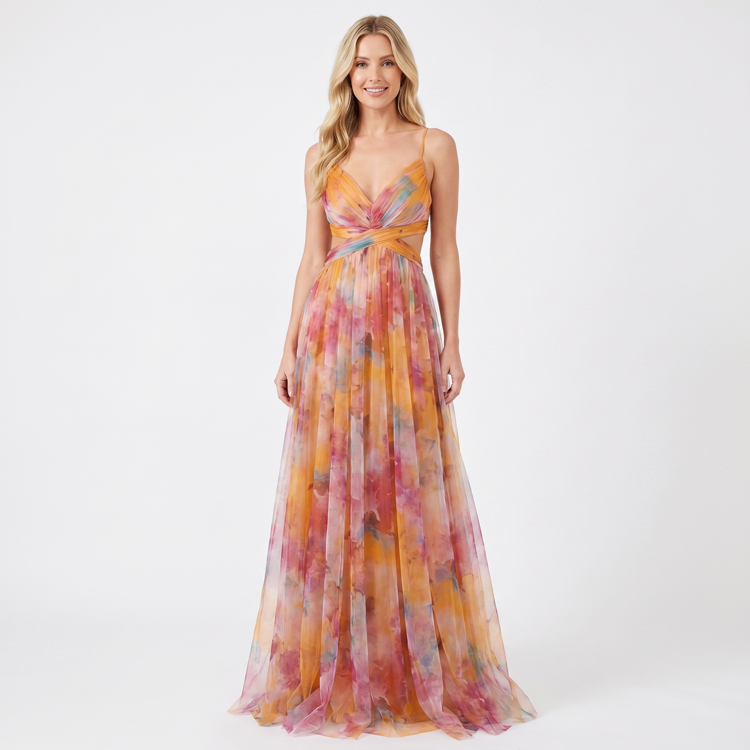 Women's Floral Print Tulle Maxi Dress V-Neck Spaghetti Strap Formal Gown