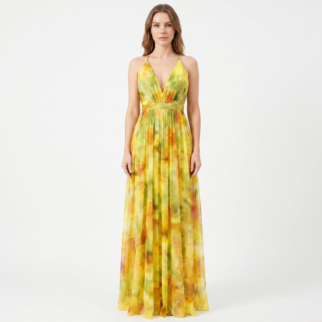 Women's Floral Print Tulle Maxi Dress V-Neck Spaghetti Strap Formal Gown