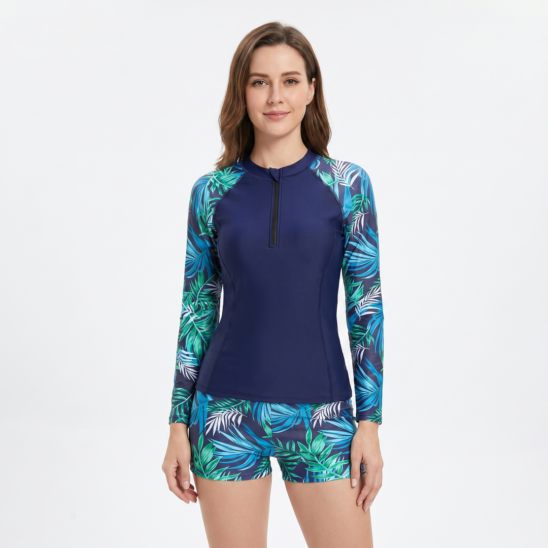 Women's Long-Sleeve Rash Guard Set Tropical Print UV Protection Swimsuit Two-Piece