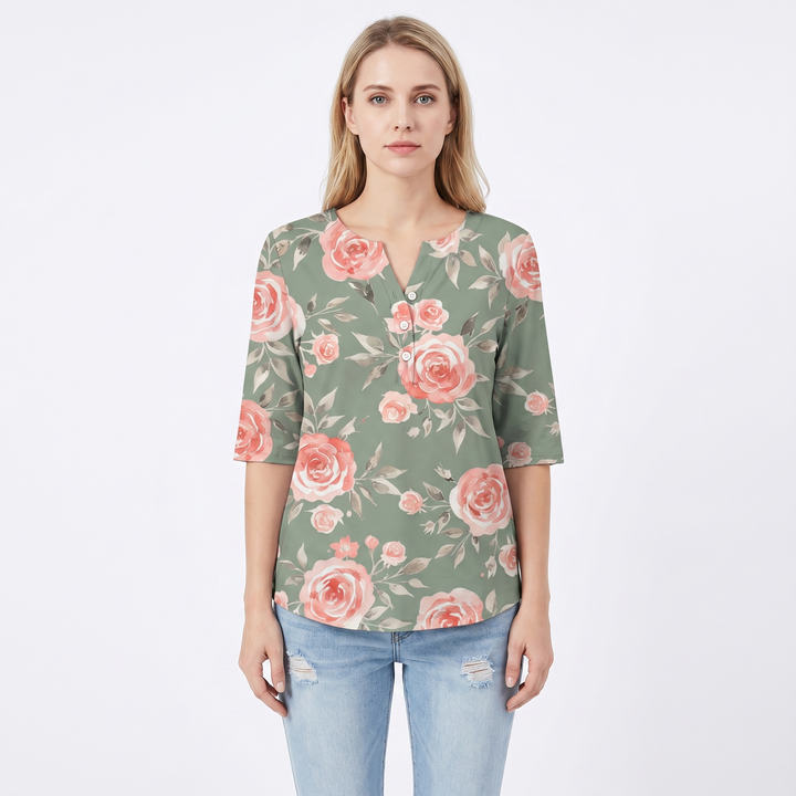 Women's Ditsy Floral Print T-Shirt V-Neck Half Sleeve Casual Summer Top