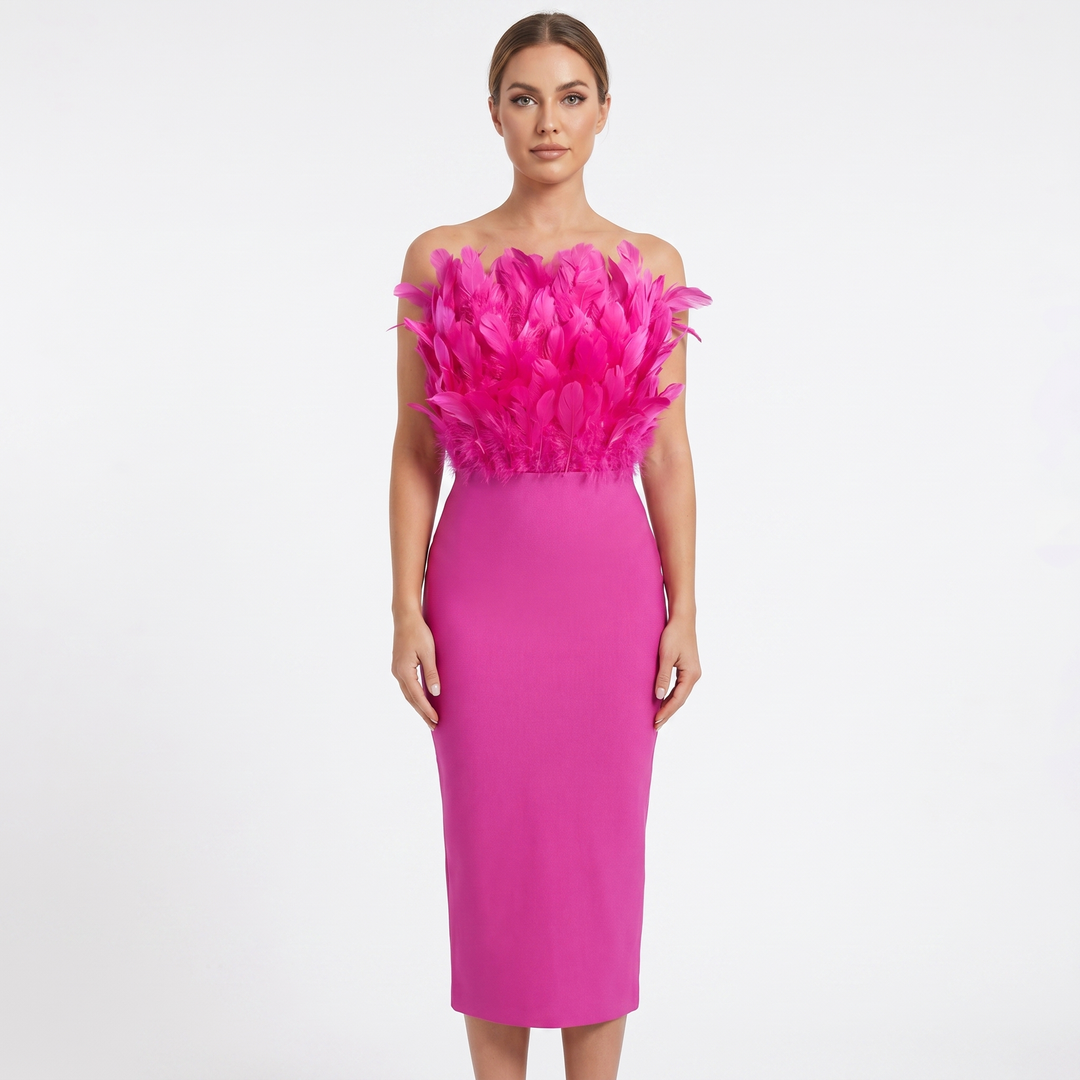 Women's Feather Trim Bandeau Midi Dress Strapless Bodycon Evening Party Dress