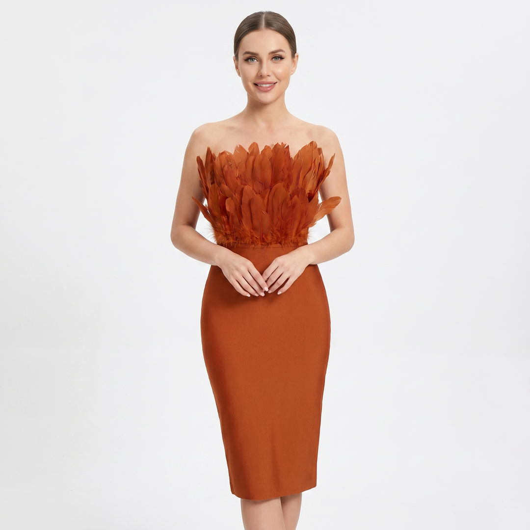 Women's Feather Trim Bandeau Midi Dress Strapless Bodycon Evening Party Dress