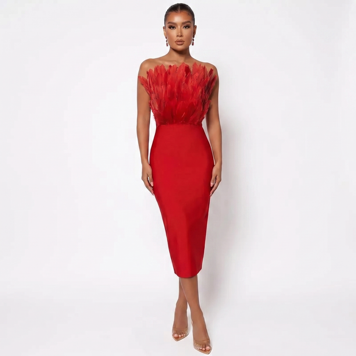 Women's Feather Trim Bandeau Midi Dress Strapless Bodycon Evening Party Dress