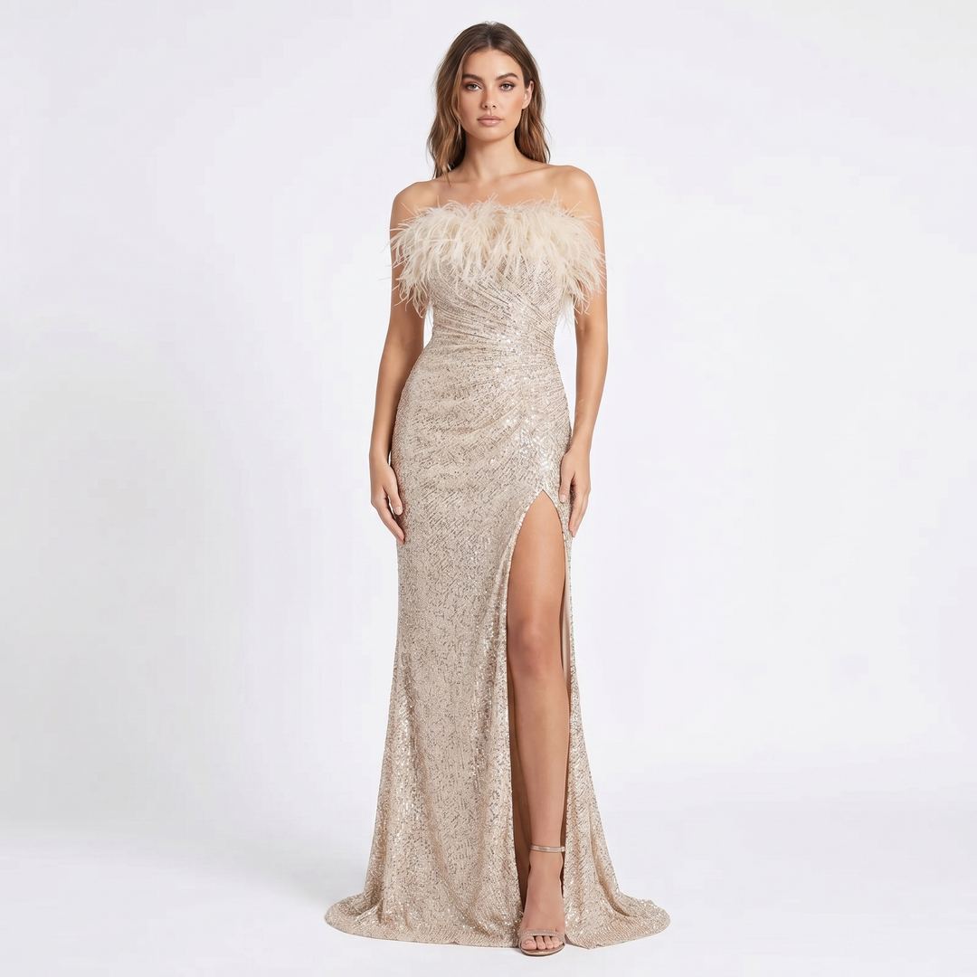 Women's Sequin Feather Trim Maxi Dress One-Shoulder High Slit Formal Gown