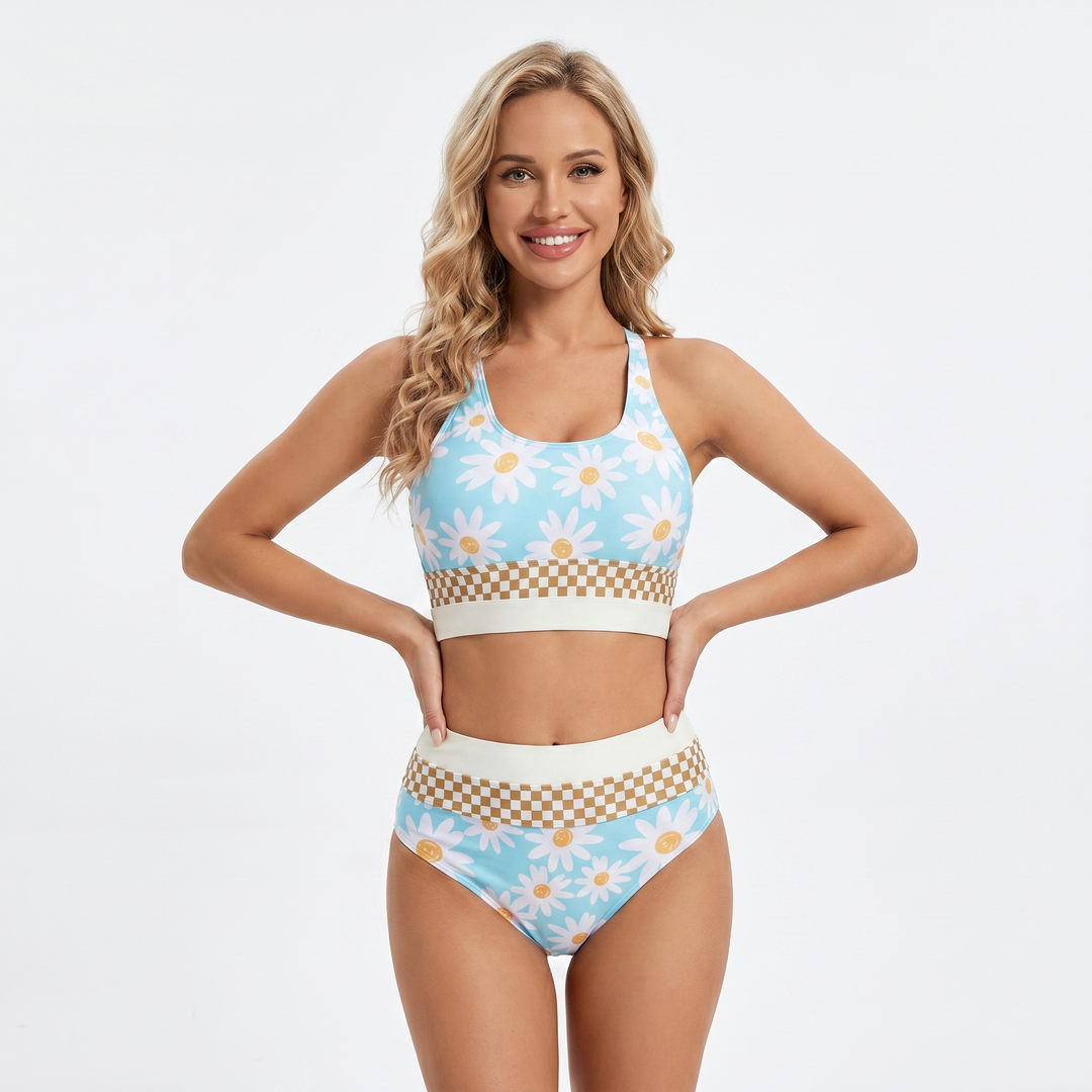 Women's Daisy Print High-Waist Bikini Set Racerback Crop Top Two-Piece Swimsuit