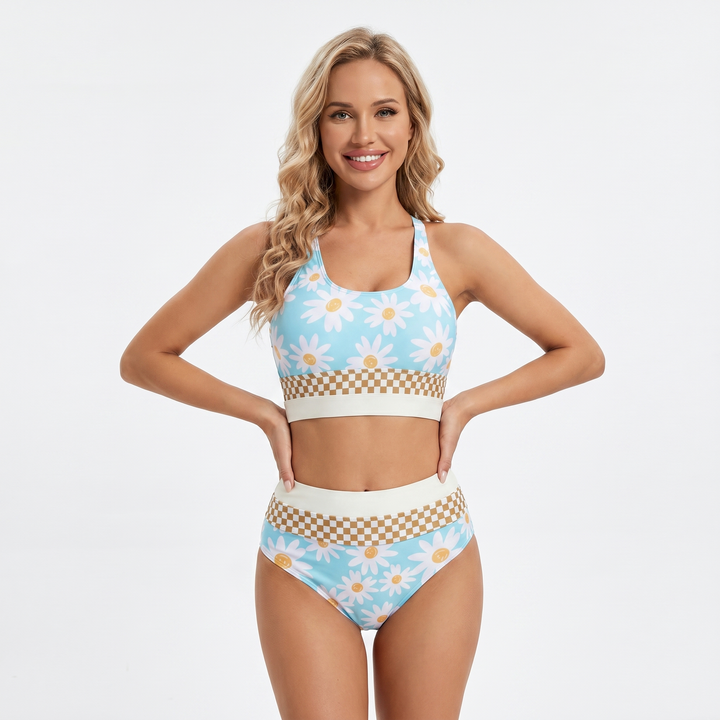 Women's Daisy Print High-Waist Bikini Set Racerback Crop Top Two-Piece Swimsuit