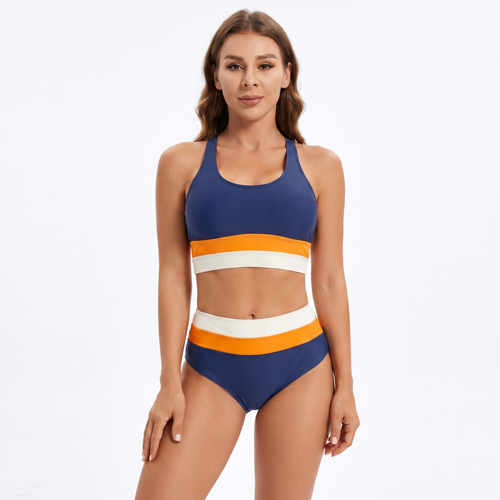Women's Daisy Print High-Waist Bikini Set Racerback Crop Top Two-Piece Swimsuit
