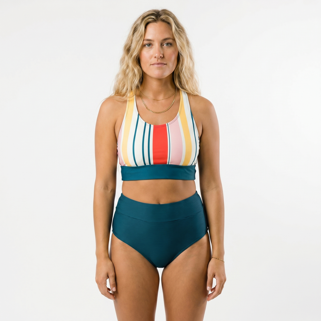 Women's Daisy Print High-Waist Bikini Set Racerback Crop Top Two-Piece Swimsuit