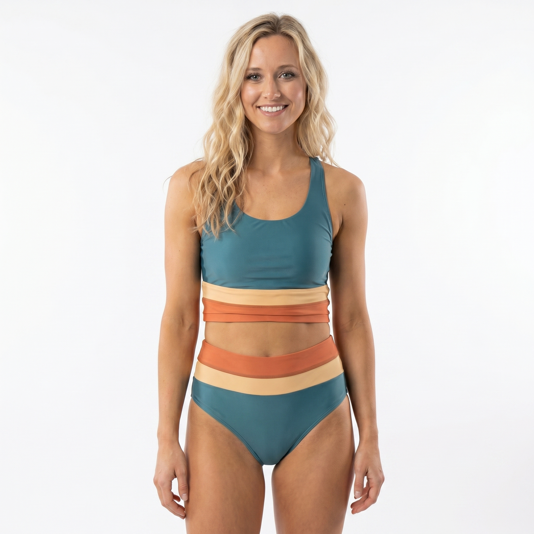 Women's Daisy Print High-Waist Bikini Set Racerback Crop Top Two-Piece Swimsuit