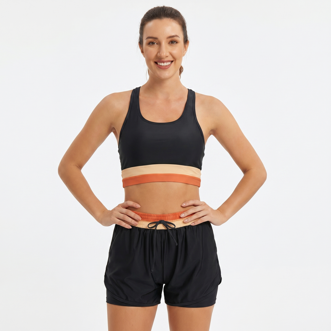 Women's Color Block Bikini Set Racerback Crop Top Swim Shorts Two-Piece Swimsuit