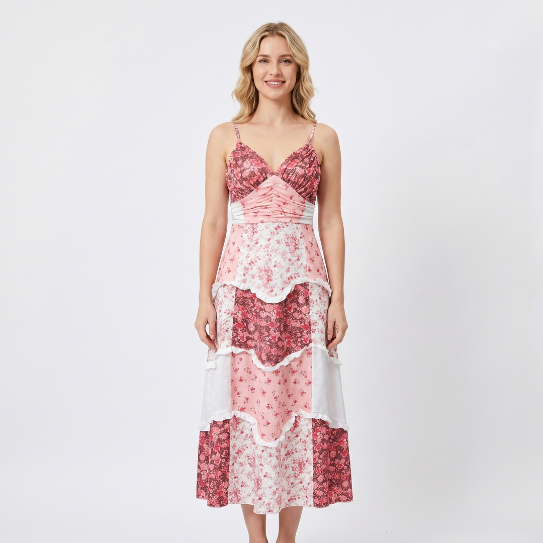 Women's Floral Tiered Maxi Dress Spaghetti Strap Ruched Bodice Boho Summer Dress