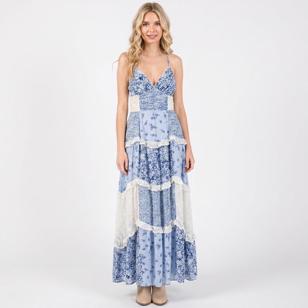 Women's Floral Tiered Maxi Dress Spaghetti Strap Ruched Bodice Boho Summer Dress