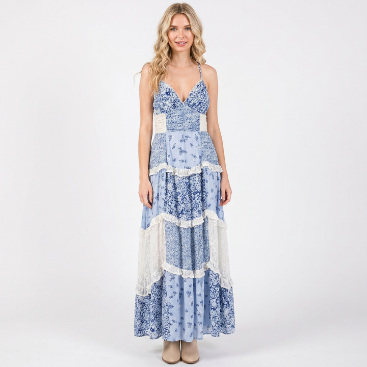 Women's Floral Tiered Maxi Dress Spaghetti Strap Ruched Bodice Boho Summer Dress