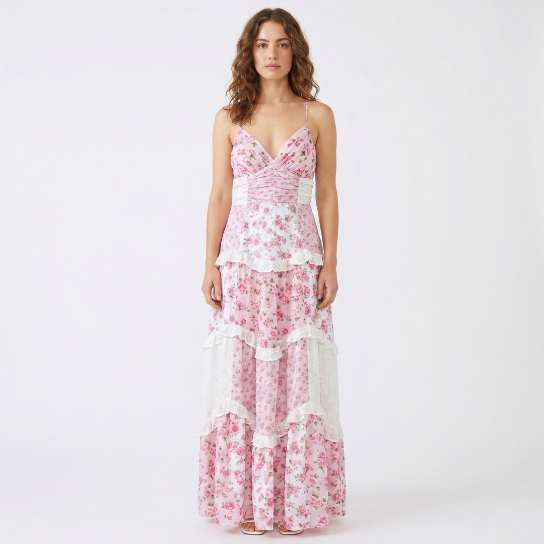 Women's Floral Tiered Maxi Dress Spaghetti Strap Ruched Bodice Boho Summer Dress