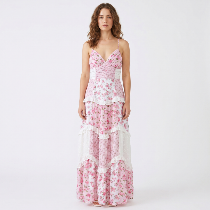 Women's Floral Tiered Maxi Dress Spaghetti Strap Ruched Bodice Boho Summer Dress
