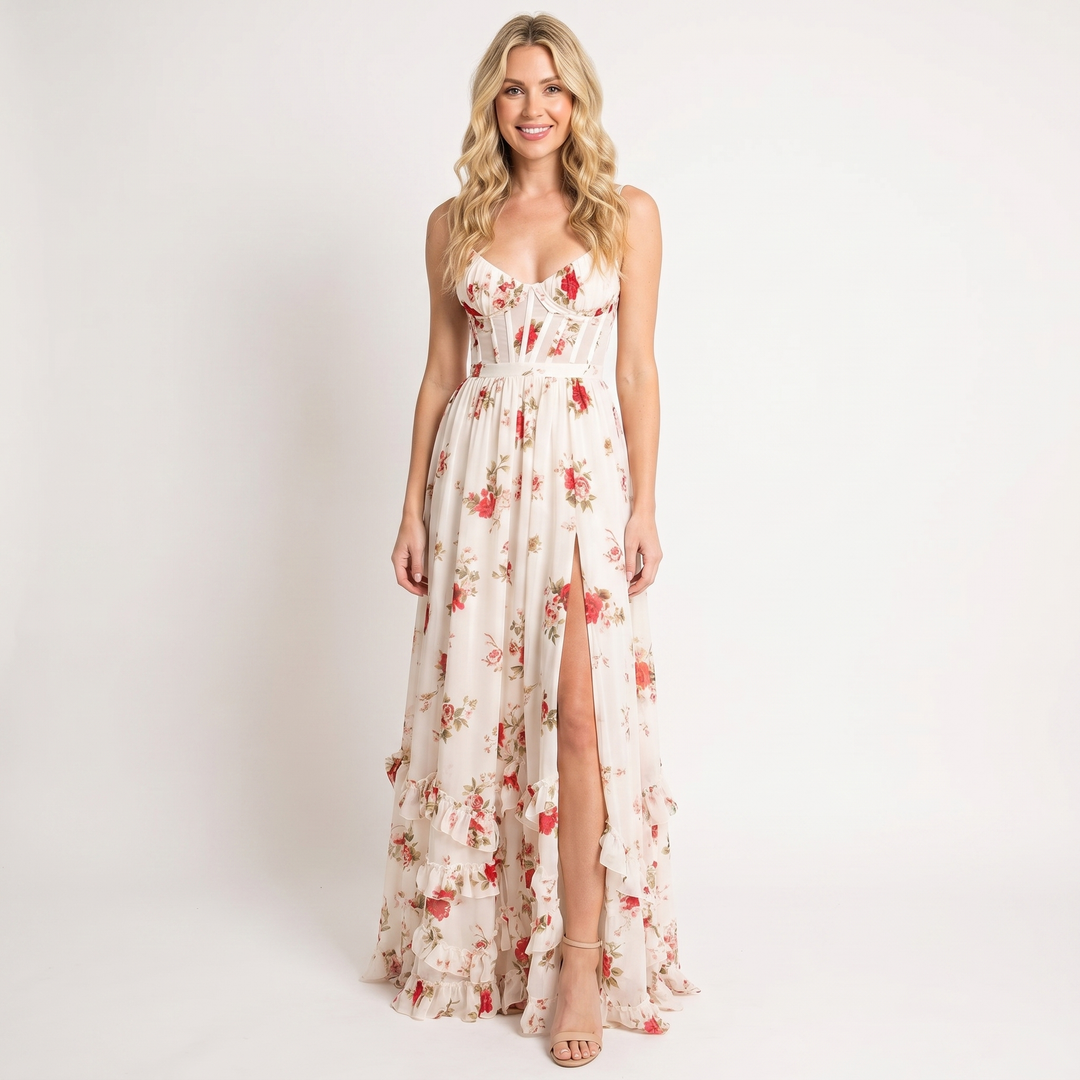 Women's Floral Chiffon Maxi Dress Spaghetti Strap Corset Bodice Front Slit Summer Dress