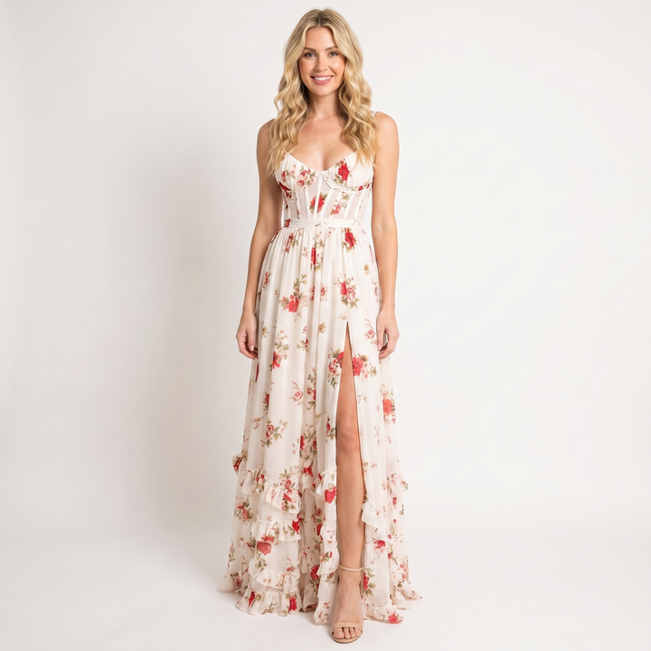 Women's Floral Chiffon Maxi Dress Spaghetti Strap Corset Bodice Front Slit Summer Dress