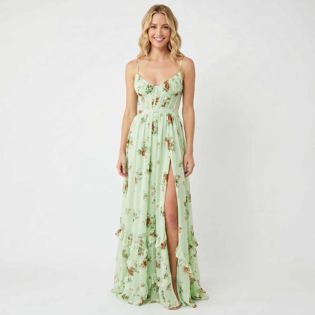 Women's Floral Chiffon Maxi Dress Spaghetti Strap Corset Bodice Front Slit Summer Dress
