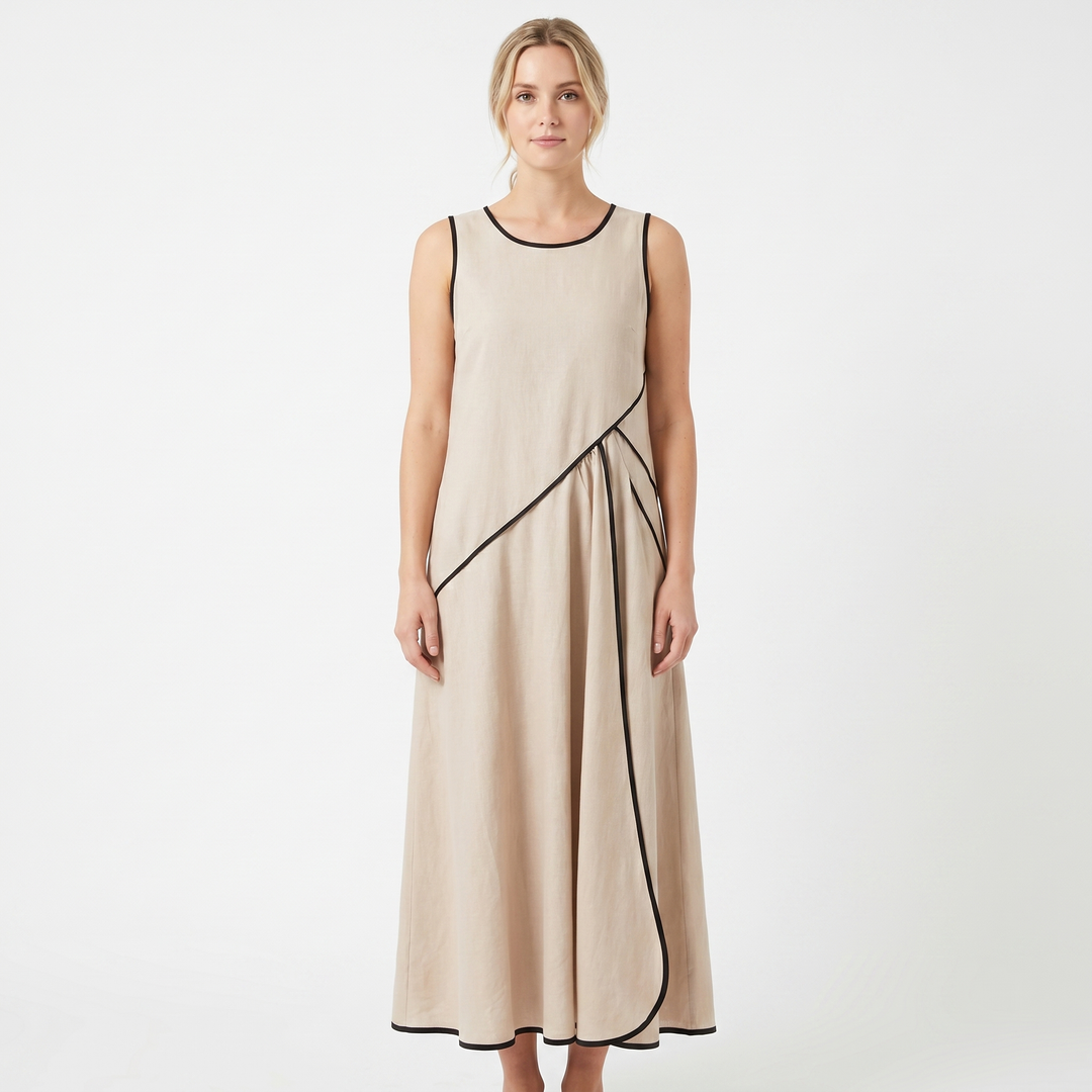Women's Contrast Trim Sleeveless Maxi Dress Round Neck Flowy A-Line Summer Dress