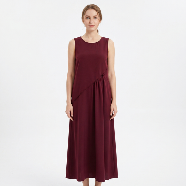Women's Contrast Trim Sleeveless Maxi Dress Round Neck Flowy A-Line Summer Dress