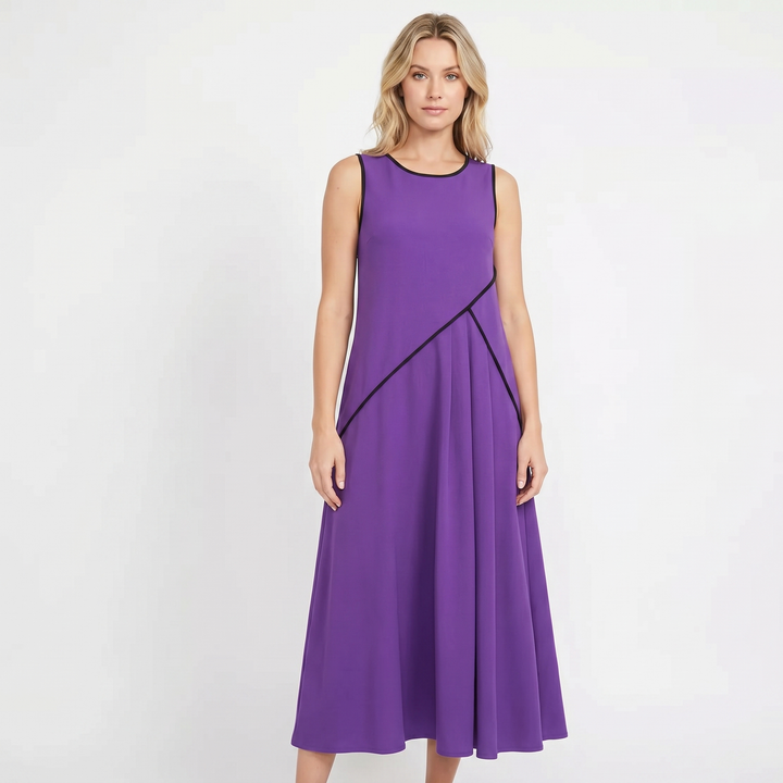 Women's Contrast Trim Sleeveless Maxi Dress Round Neck Flowy A-Line Summer Dress
