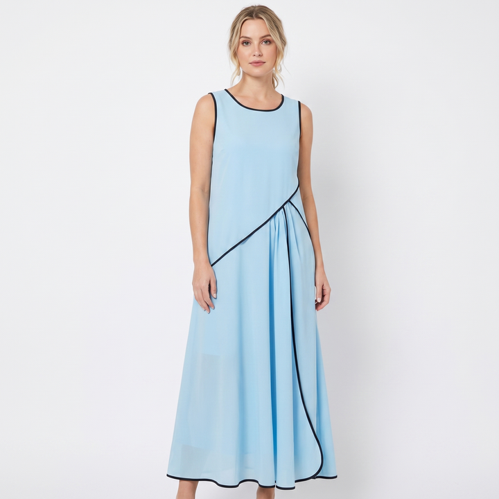 Women's Contrast Trim Sleeveless Maxi Dress Round Neck Flowy A-Line Summer Dress