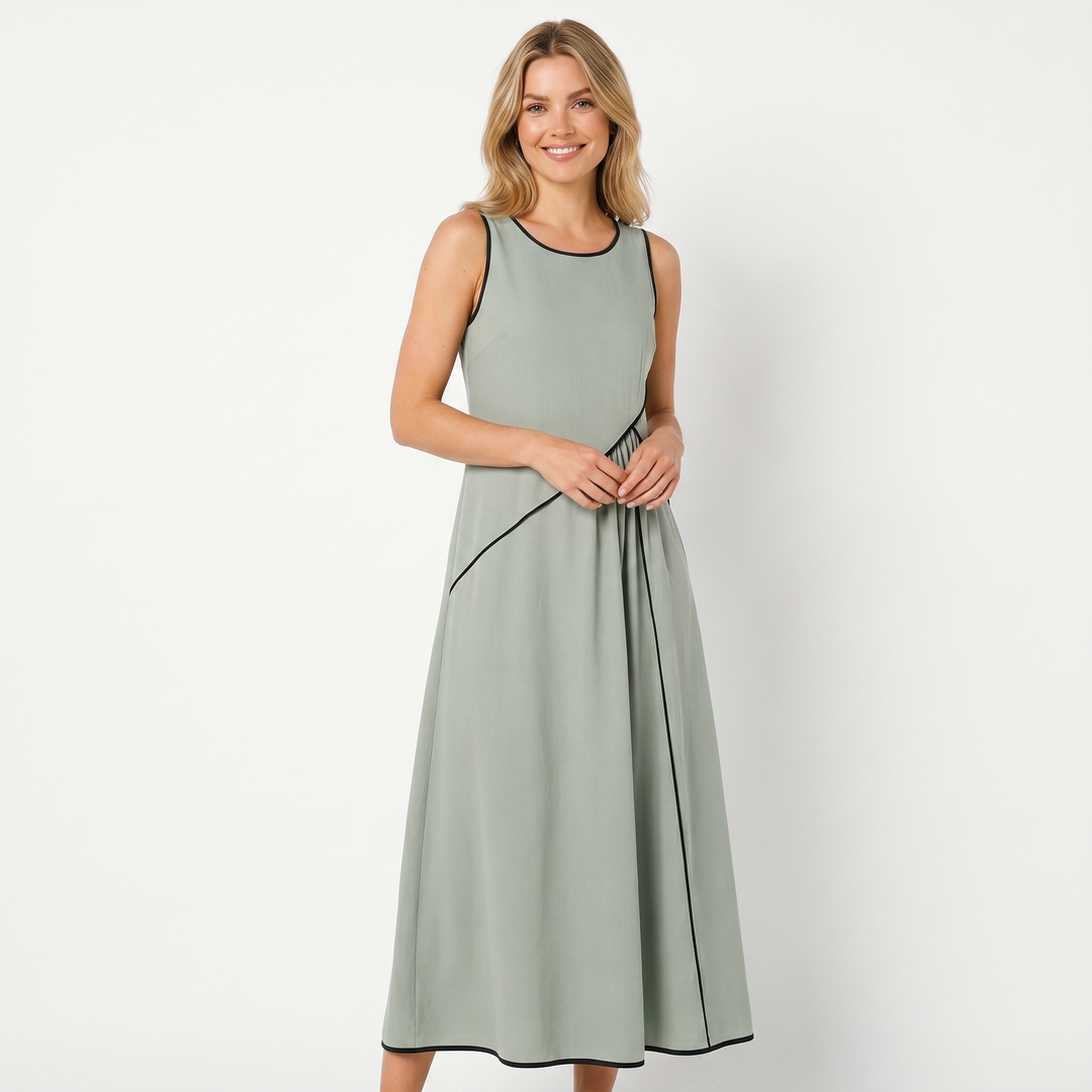 Women's Contrast Trim Sleeveless Maxi Dress Round Neck Flowy A-Line Summer Dress