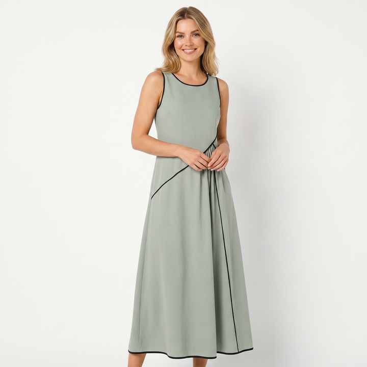 Women's Contrast Trim Sleeveless Maxi Dress Round Neck Flowy A-Line Summer Dress