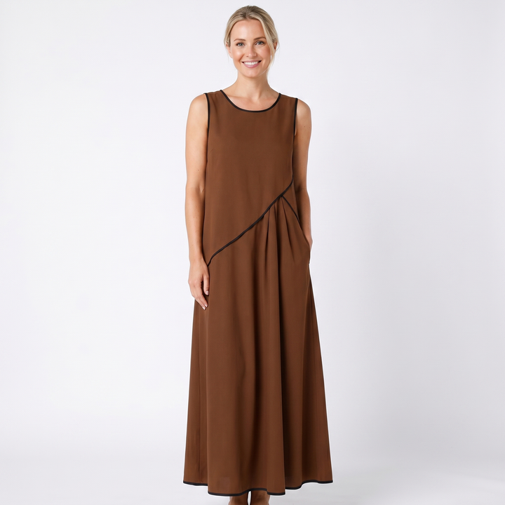 Women's Contrast Trim Sleeveless Maxi Dress Round Neck Flowy A-Line Summer Dress