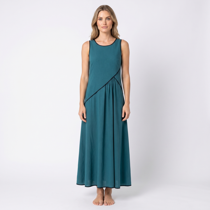 Women's Contrast Trim Sleeveless Maxi Dress Round Neck Flowy A-Line Summer Dress