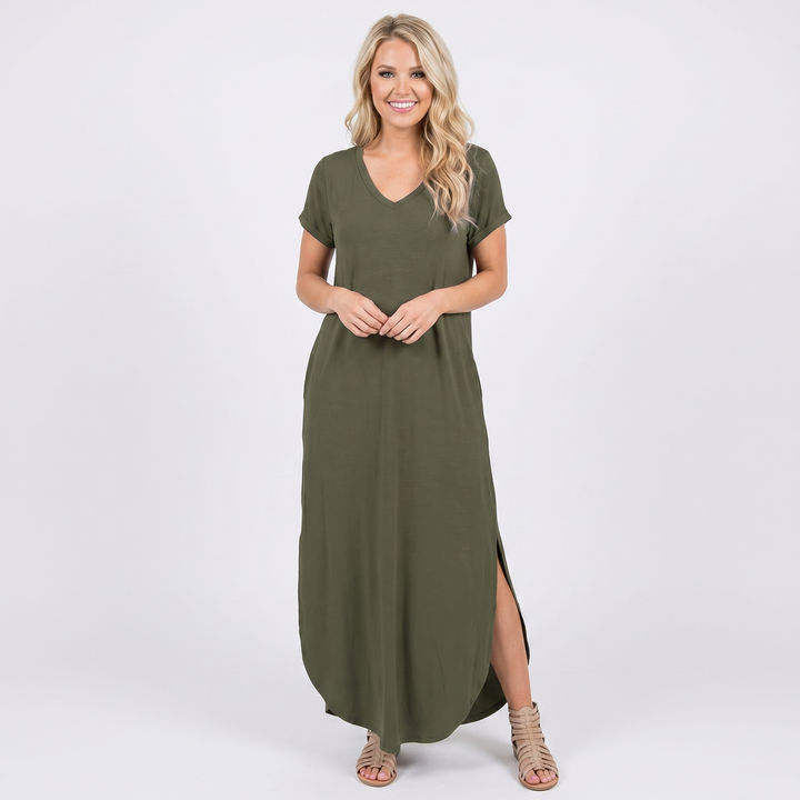 Women's V-Neck Short-Sleeve Maxi Dress Loose Casual Pocket Side Slit Long Dress