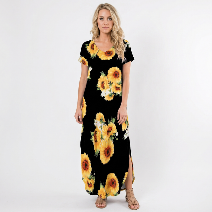 Women's V-Neck Short-Sleeve Maxi Dress Loose Casual Pocket Side Slit Long Dress