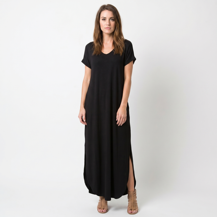 Women's V-Neck Short-Sleeve Maxi Dress Loose Casual Pocket Side Slit Long Dress
