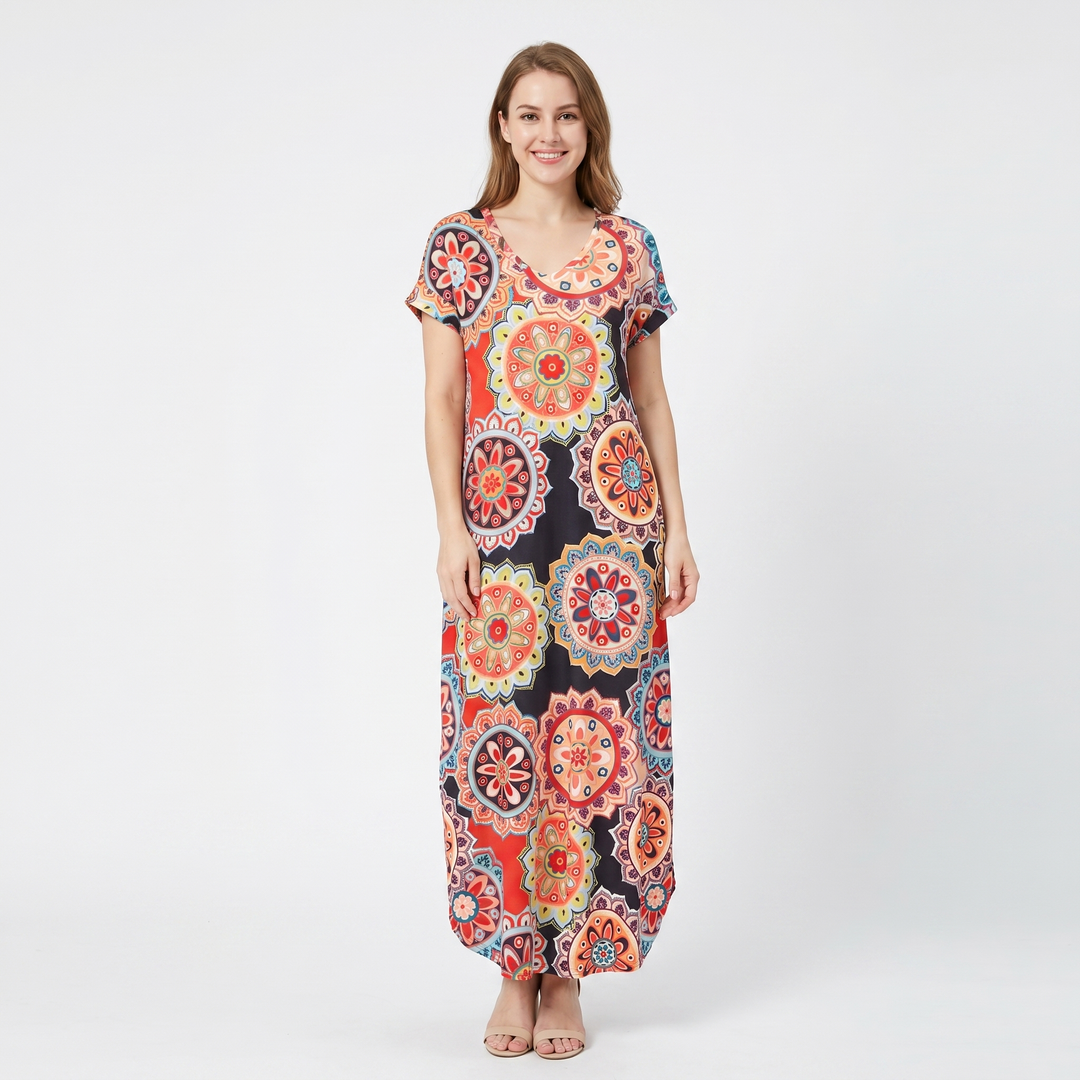 Women's V-Neck Short-Sleeve Maxi Dress Loose Casual Pocket Side Slit Long Dress