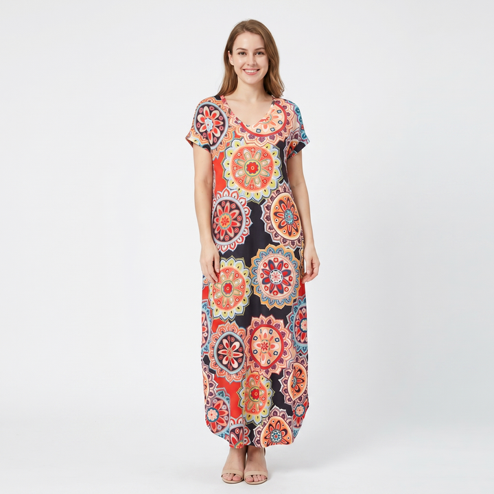 Women's V-Neck Short-Sleeve Maxi Dress Loose Casual Pocket Side Slit Long Dress