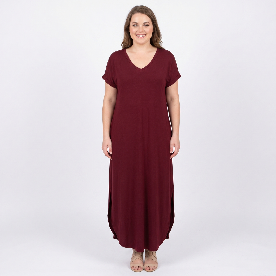 Women's V-Neck Short-Sleeve Maxi Dress Loose Casual Pocket Side Slit Long Dress