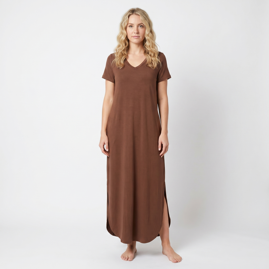 Women's V-Neck Short-Sleeve Maxi Dress Loose Casual Pocket Side Slit Long Dress