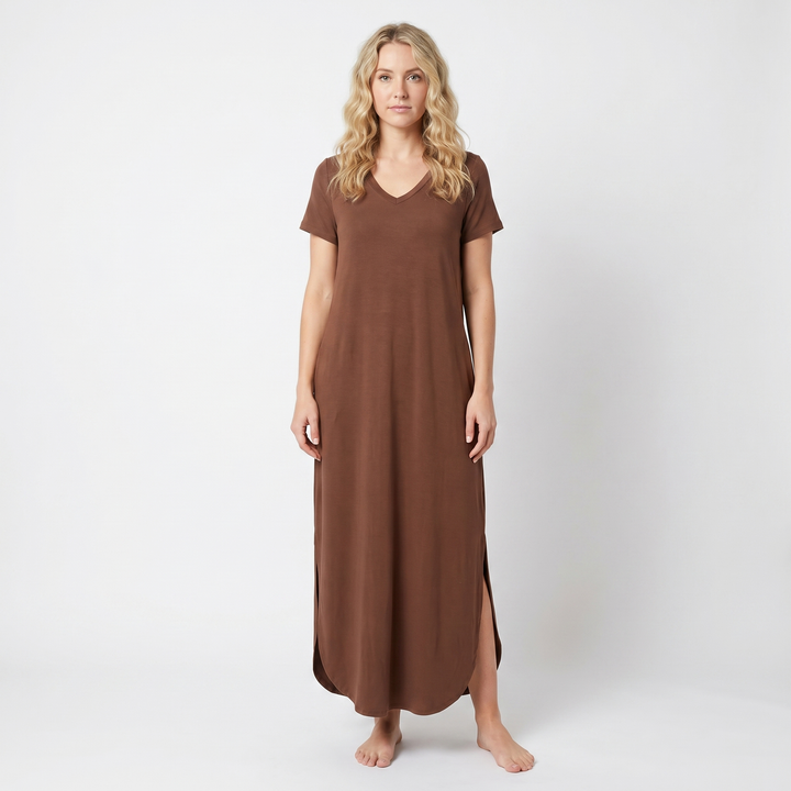 Women's V-Neck Short-Sleeve Maxi Dress Loose Casual Pocket Side Slit Long Dress